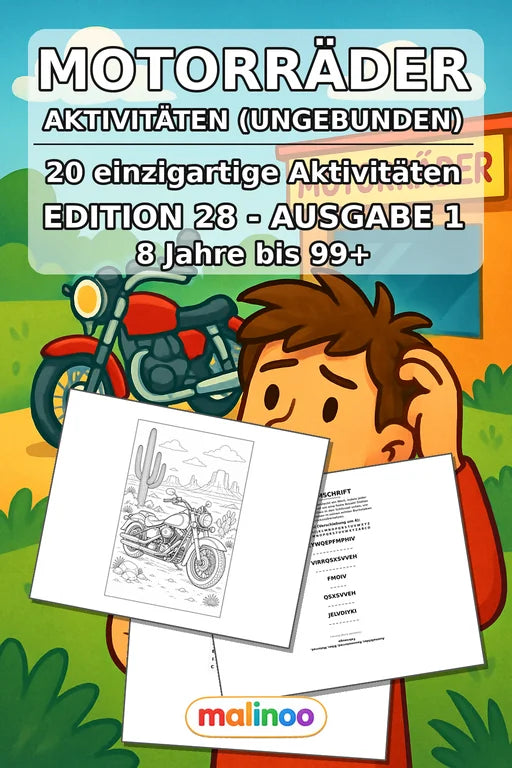 Motorräder Aktivitätsbuch 20 Rätsel- und Aktivitätsseiten gedruckt+los – Cover