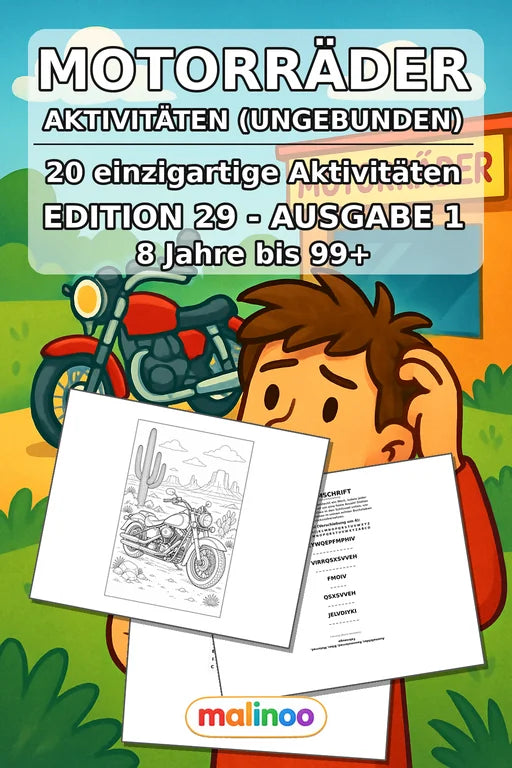 Motorräder Aktivitätsbuch 20 Rätsel- und Aktivitätsseiten gedruckt+los – Cover