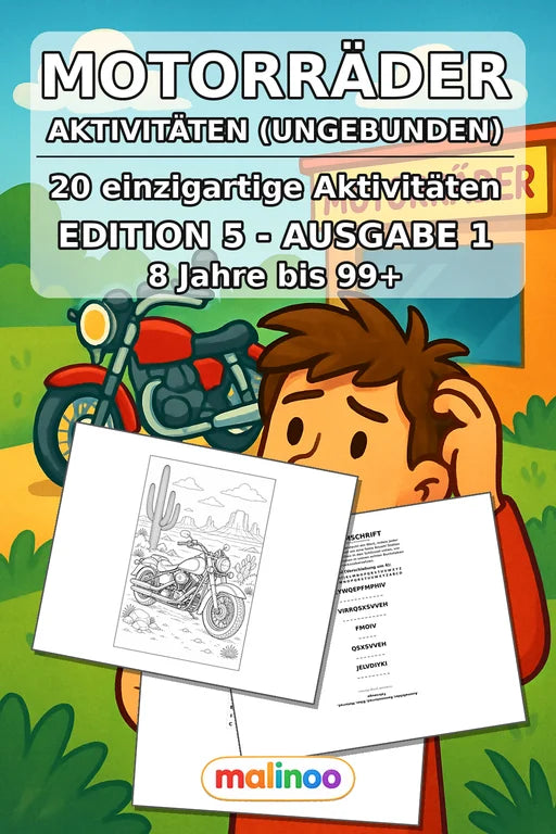Motorräder Aktivitätsbuch 20 Rätsel- und Aktivitätsseiten gedruckt+los – Cover