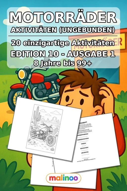 Motorräder Aktivitätsbuch 20 Rätsel- und Aktivitätsseiten gedruckt+los – Cover