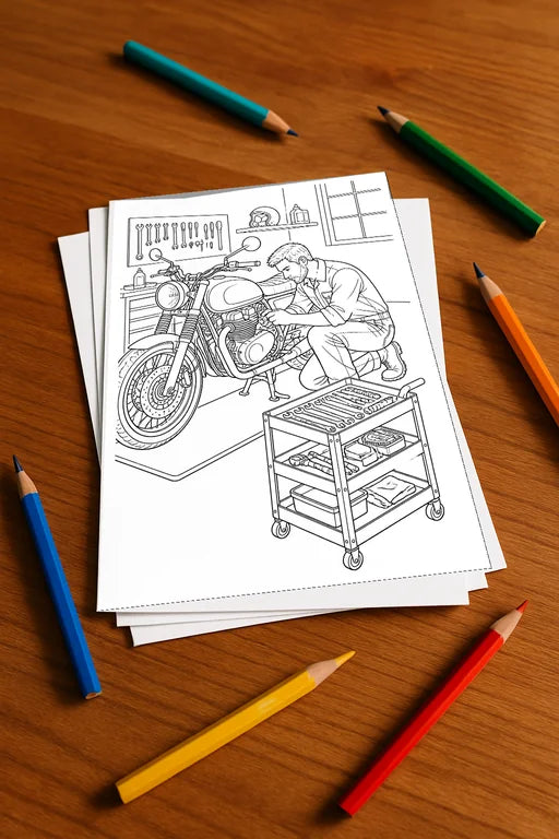 Motorräder Aktivitätsbuch 20 Rätsel- und Aktivitätsseiten gedruckt+los – Mockup-Ansicht