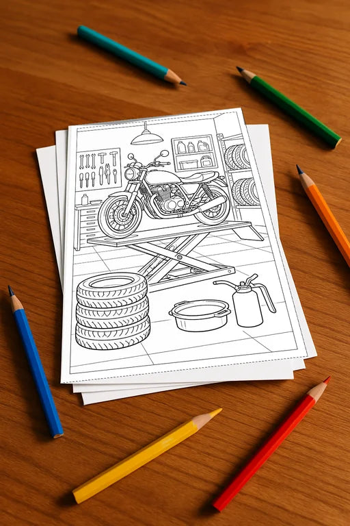 Motorräder Aktivitätsbuch 20 Rätsel- und Aktivitätsseiten gedruckt+los – Mockup-Ansicht