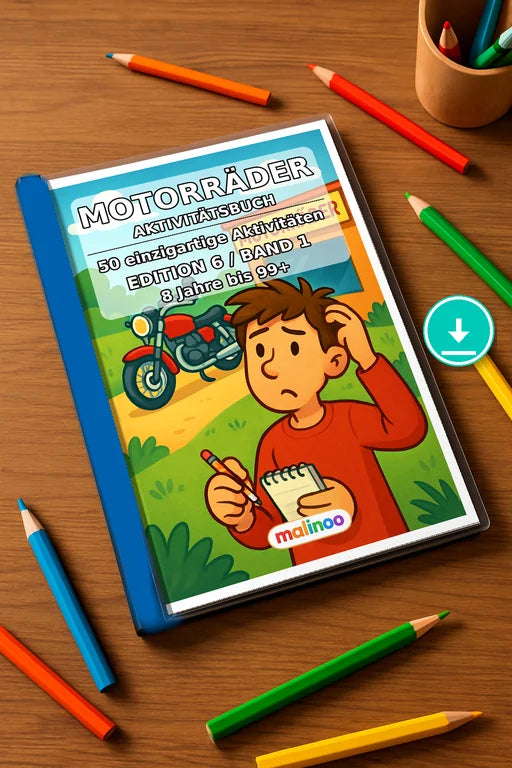 Motorräder Aktivitätsbuch 50 Rätsel- und Aktivitätsseiten PDF Download – Mockup-Ansicht