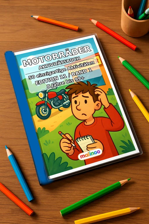 Motorräder Aktivitätsbuch 50 Rätsel- und Aktivitätsseiten gedruckt+geb – Mockup-Ansicht