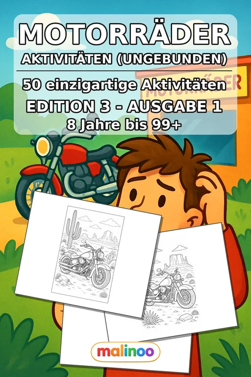 Motorräder Aktivitätsbuch 50 Rätsel- und Aktivitätsseiten gedruckt+los – Cover