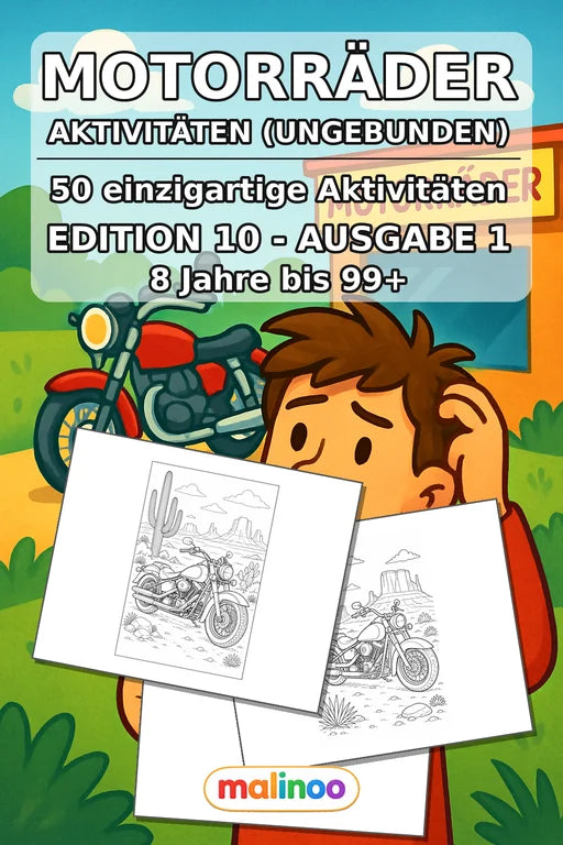 Motorräder Aktivitätsbuch 50 Rätsel- und Aktivitätsseiten gedruckt+los – Cover