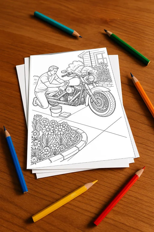 Motorräder Aktivitätsbuch 50 Rätsel- und Aktivitätsseiten gedruckt+los – Mockup-Ansicht