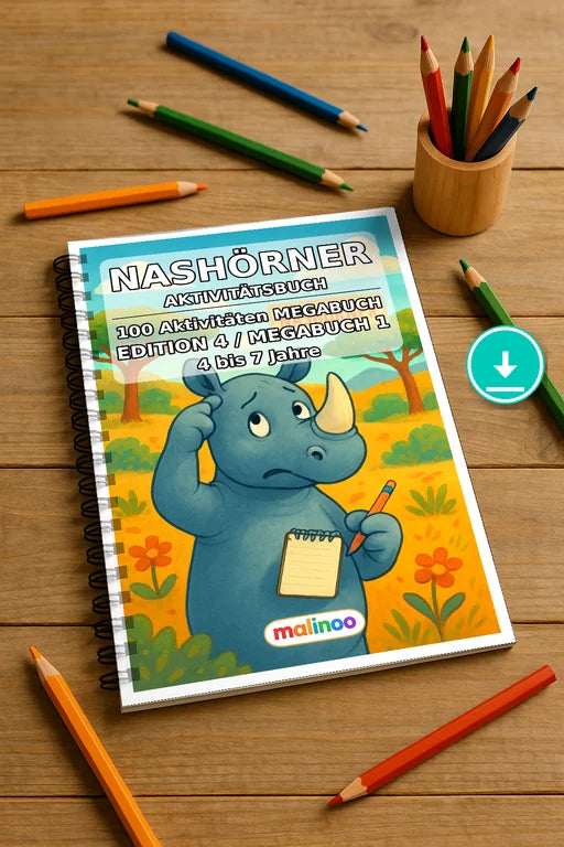 Nashörner Aktivitätsbuch 100 Rätsel- und Aktivitätsseiten PDF Download – Mockup-Ansicht
