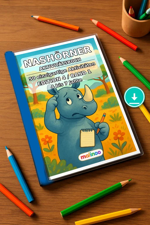 Nashörner Aktivitätsbuch 50 Rätsel- und Aktivitätsseiten PDF Download – Mockup-Ansicht