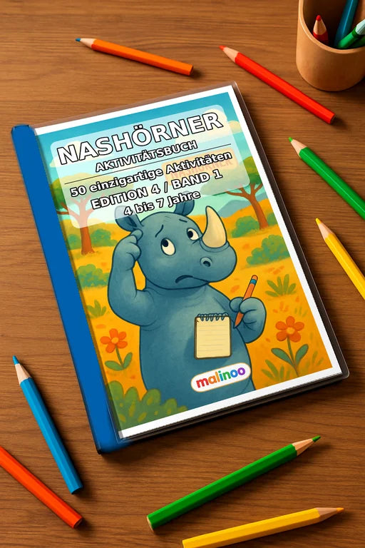 Nashörner Aktivitätsbuch 50 Rätsel- und Aktivitätsseiten gedruckt+gebu – Mockup-Ansicht