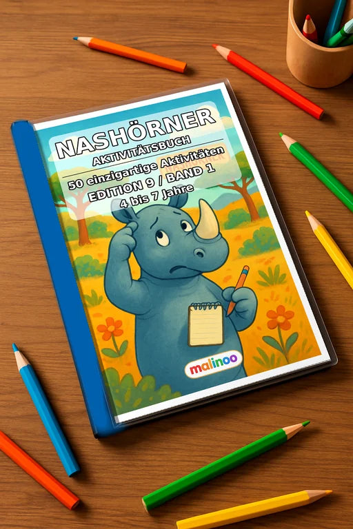 Nashörner Aktivitätsbuch 50 Rätsel- und Aktivitätsseiten gedruckt+gebu – Mockup-Ansicht