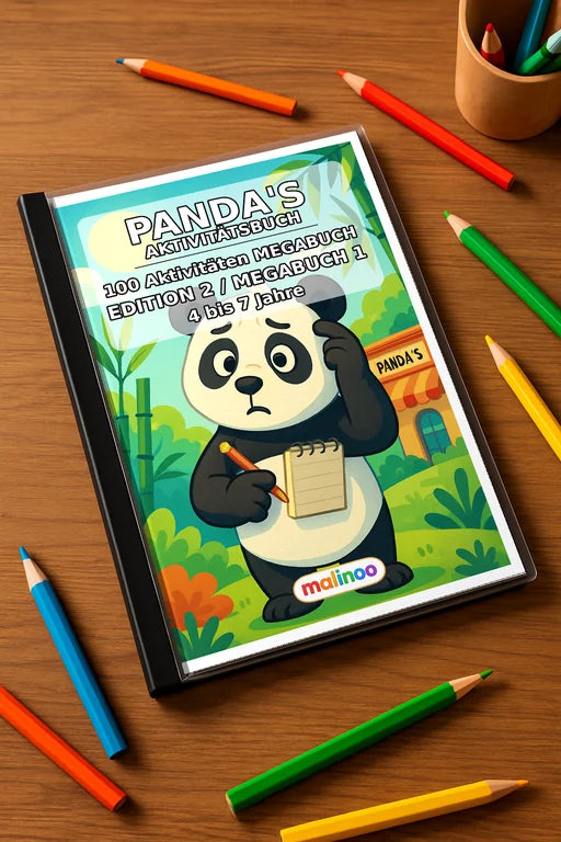 Panda's Aktivitätsbuch 100 Rätsel- und Aktivitätsseiten gedruckt+gebun – Mockup-Ansicht