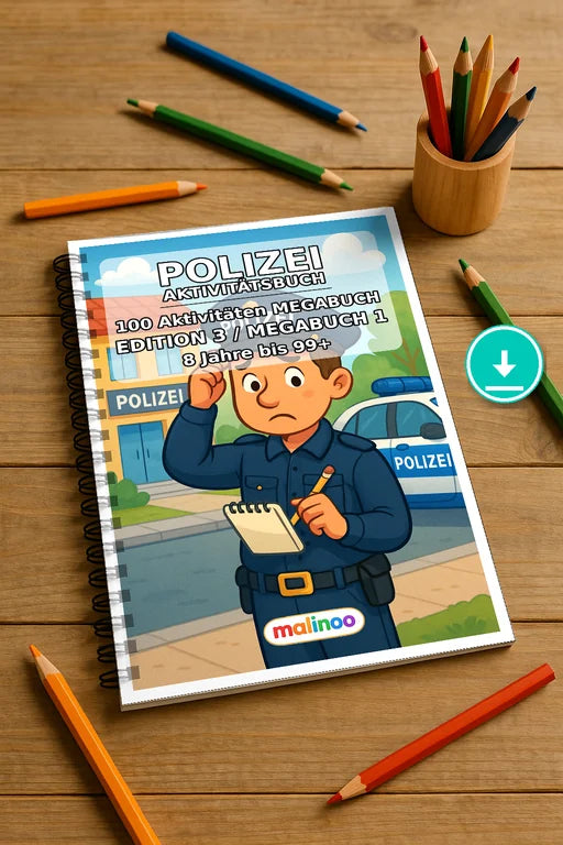 Polizei Aktivitätsbuch 100 Rätsel- und Aktivitätsseiten PDF Download – Mockup-Ansicht