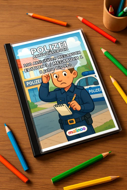 Polizei Aktivitätsbuch 100 Rätsel- und Aktivitätsseiten gedruckt+gebun – Mockup-Ansicht