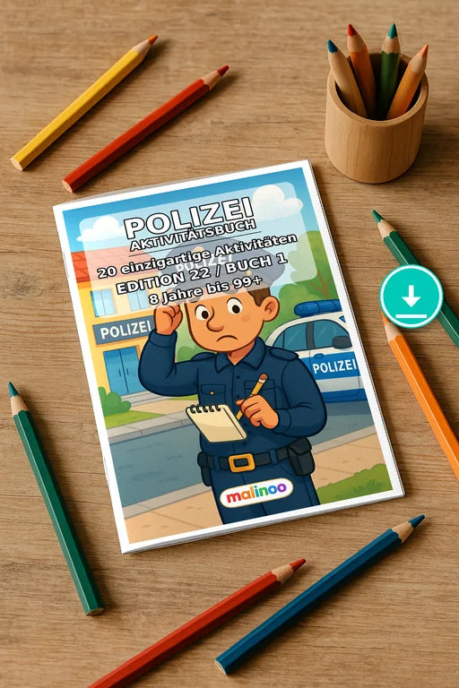 Polizei Aktivitätsbuch 20 Rätsel- und Aktivitätsseiten PDF Download – Mockup-Ansicht