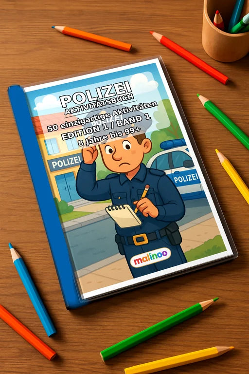 Polizei Aktivitätsbuch 50 Rätsel- und Aktivitätsseiten gedruckt+gebund – Mockup-Ansicht