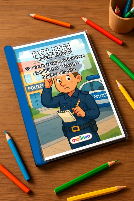 Polizei Aktivitätsbuch 50 Rätsel- und Aktivitätsseiten gedruckt+gebund – Mockup-Ansicht