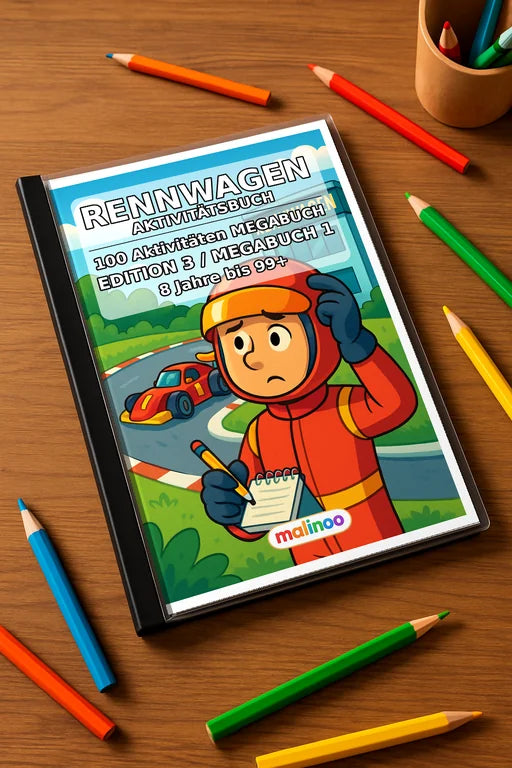 Rennwagen Aktivitätsbuch 100 Rätsel- und Aktivitätsseiten gedruckt+geb – Mockup-Ansicht