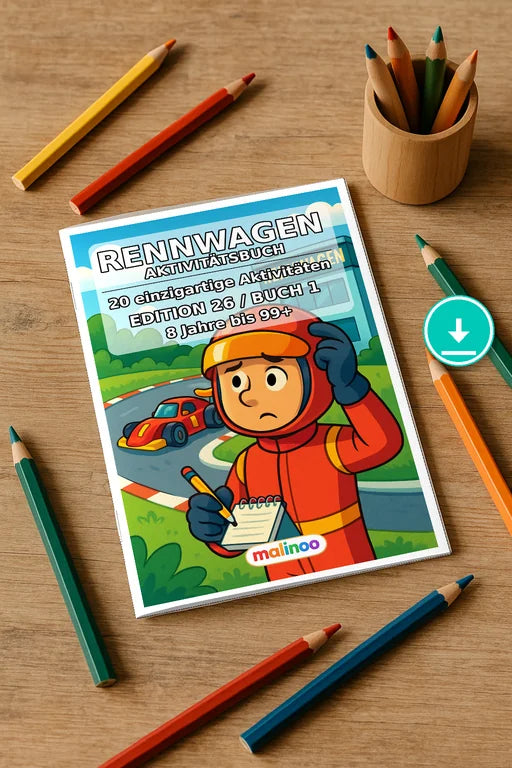 Rennwagen Aktivitätsbuch 20 Rätsel- und Aktivitätsseiten PDF Download – Mockup-Ansicht