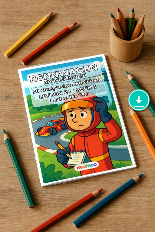 Rennwagen Aktivitätsbuch 20 Rätsel- und Aktivitätsseiten PDF Download – Mockup-Ansicht