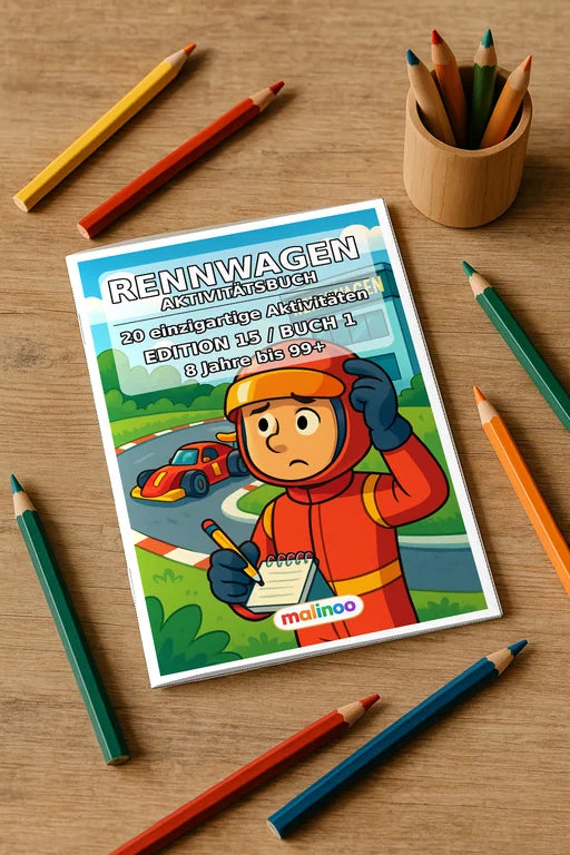 Rennwagen Aktivitätsbuch 20 Rätsel- und Aktivitätsseiten gedruckt+gebu – Mockup-Ansicht