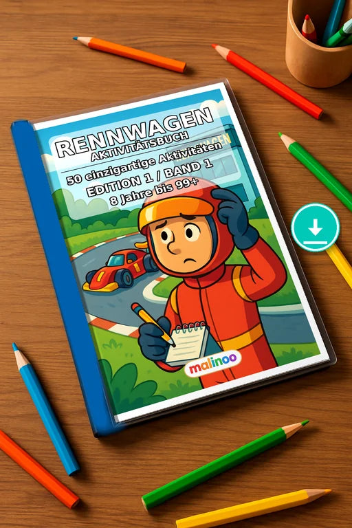 Rennwagen Aktivitätsbuch 50 Rätsel- und Aktivitätsseiten PDF Download – Mockup-Ansicht