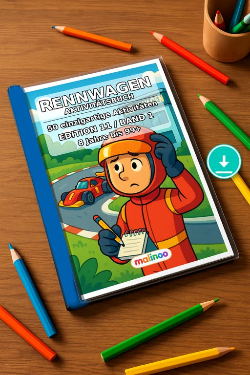Rennwagen Aktivitätsbuch 50 Rätsel- und Aktivitätsseiten PDF Download – Mockup-Ansicht