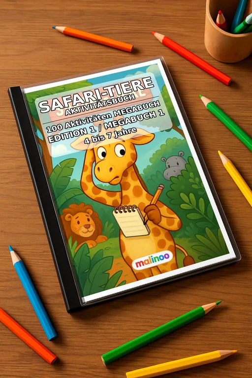Safari-Tiere Aktivitätsbuch 100 Rätsel- und Aktivitätsseiten gedruckt+ – Mockup-Ansicht