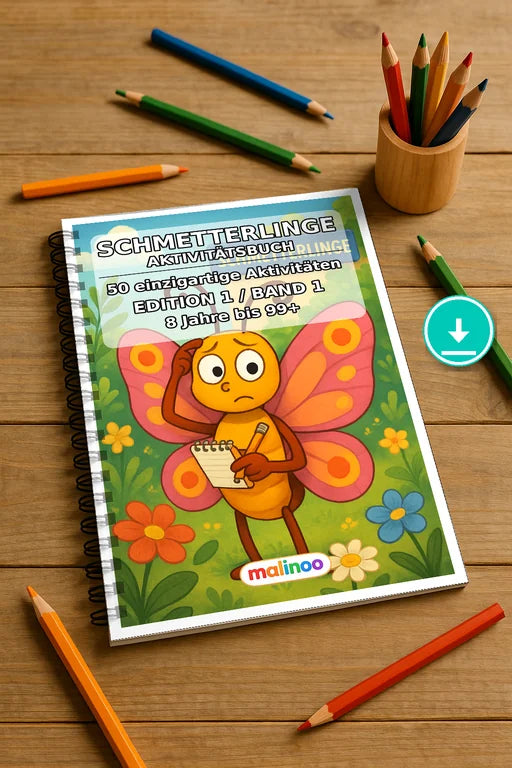 Schmetterlinge Aktivitätsbuch 50 Rätsel- und Aktivitätsseiten PDF Down – Mockup-Ansicht