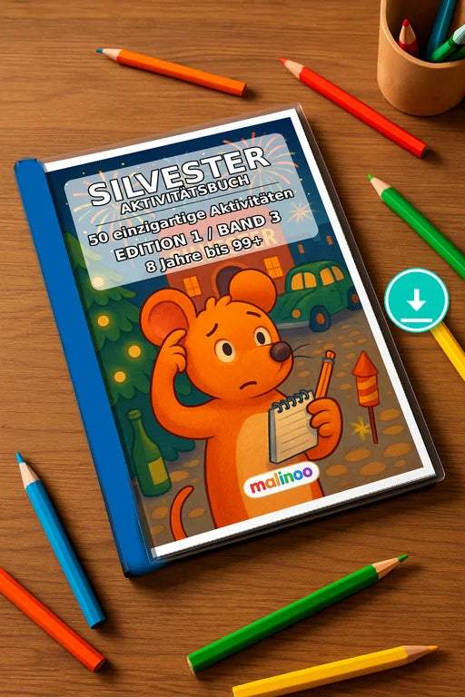 Silvester Aktivitätsbuch 50 Rätsel- und Aktivitätsseiten – Mockup-Ansicht