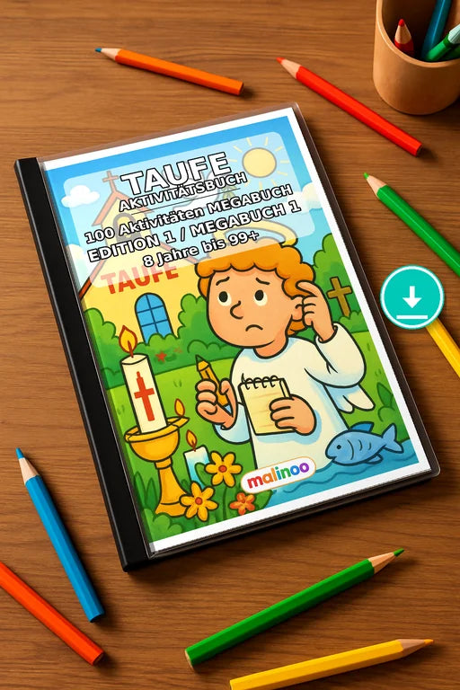 Taufe Aktivitätsbuch 100 Rätsel- und Aktivitätsseiten PDF Download – Mockup-Ansicht