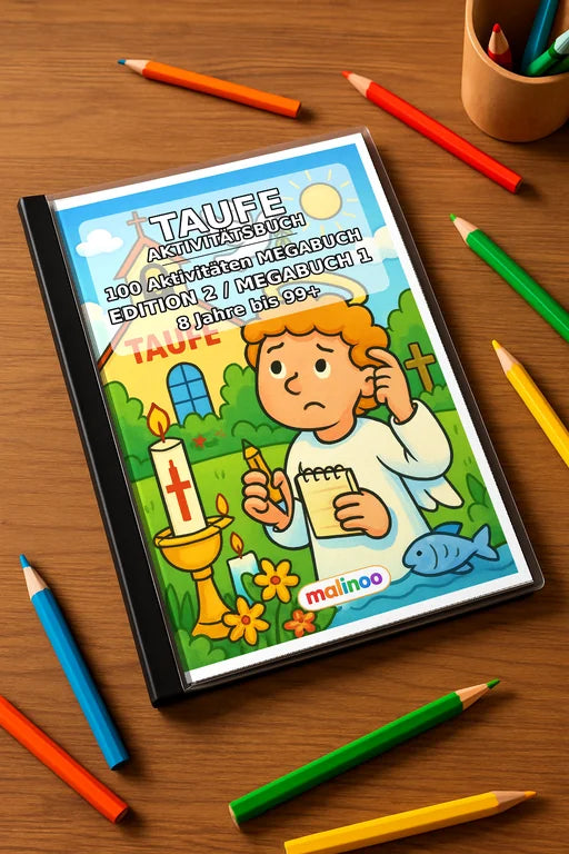 Taufe Aktivitätsbuch 100 Rätsel- und Aktivitätsseiten gedruckt+gebunde – Mockup-Ansicht