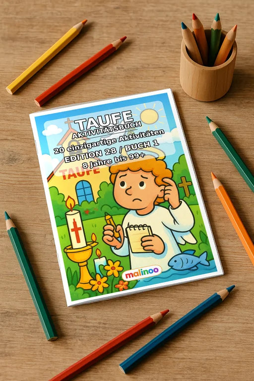 Taufe Aktivitätsbuch 20 Rätsel- und Aktivitätsseiten gedruckt+gebunden – Mockup-Ansicht