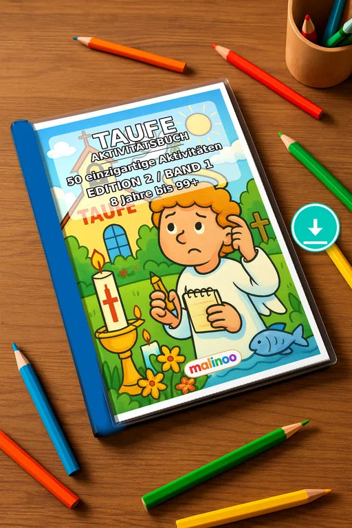 Taufe Aktivitätsbuch 50 Rätsel- und Aktivitätsseiten PDF Download – Mockup-Ansicht