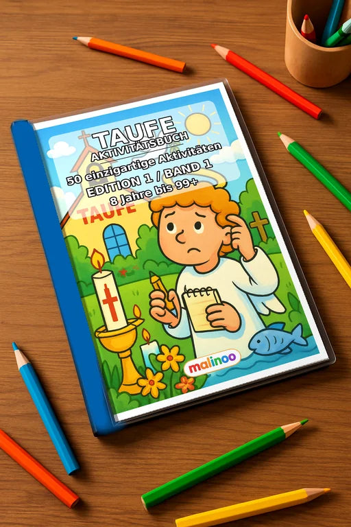 Taufe Aktivitätsbuch 50 Rätsel- und Aktivitätsseiten gedruckt+gebunden – Mockup-Ansicht