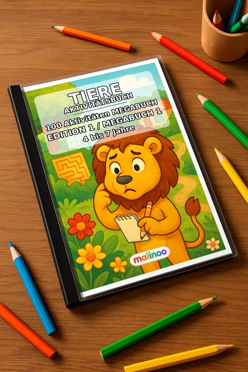 Tiere Aktivitätsbuch 100 Rätsel- und Aktivitätsseiten gedruckt+gebunde – Mockup-Ansicht