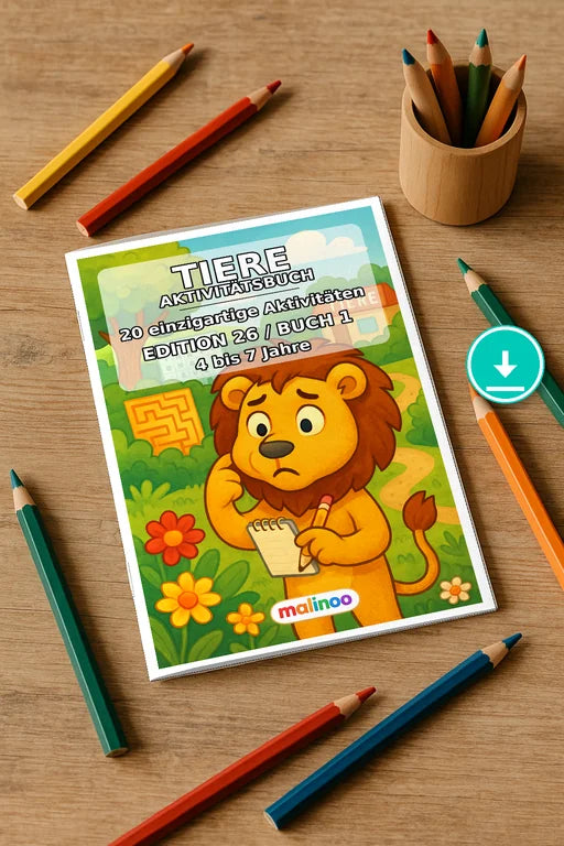 Tiere Aktivitätsbuch 20 Rätsel- und Aktivitätsseiten PDF Download – Mockup-Ansicht