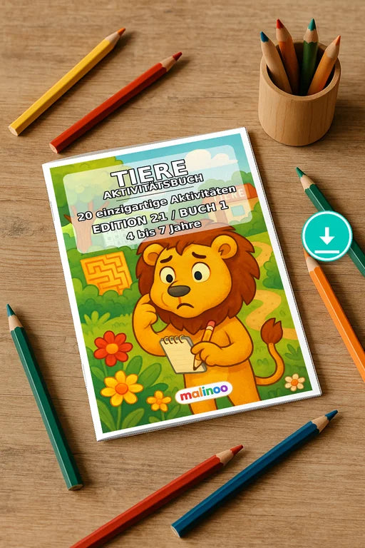 Tiere Aktivitätsbuch 20 Rätsel- und Aktivitätsseiten PDF Download – Mockup-Ansicht