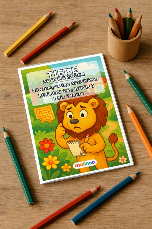 Tiere Aktivitätsbuch 20 Rätsel- und Aktivitätsseiten gedruckt+gebunden – Mockup-Ansicht
