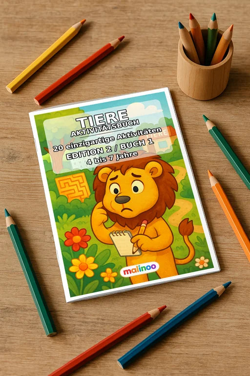 Tiere Aktivitätsbuch 20 Rätsel- und Aktivitätsseiten gedruckt+gebunden – Mockup-Ansicht