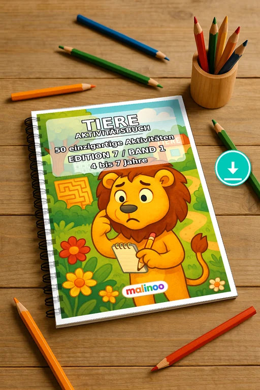 Tiere Aktivitätsbuch 50 Rätsel- und Aktivitätsseiten PDF – Mockup-Ansicht