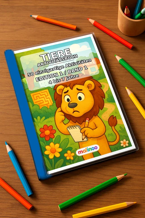 Tiere Aktivitätsbuch 50 Rätsel- und Aktivitätsseiten gedruckt+gebunden – Mockup-Ansicht