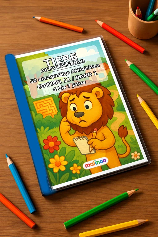 Tiere Aktivitätsbuch 50 Rätsel- und Aktivitätsseiten gedruckt+gebunden – Mockup-Ansicht
