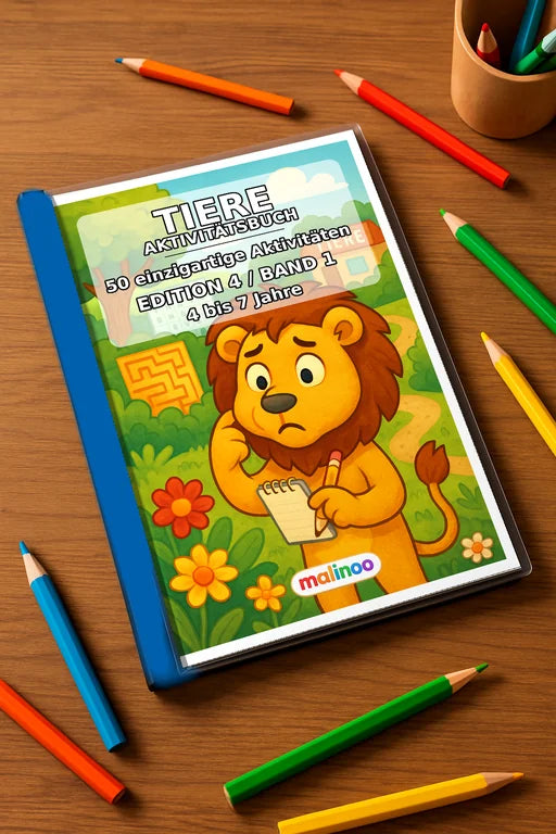 Tiere Aktivitätsbuch 50 Rätsel- und Aktivitätsseiten gedruckt+gebunden – Mockup-Ansicht