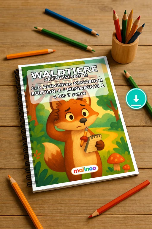 Waldtiere Aktivitätsbuch 100 Rätsel- und Aktivitätsseiten PDF Download – Mockup-Ansicht
