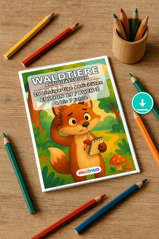 Waldtiere Aktivitätsbuch 20 Rätsel- und Aktivitätsseiten PDF Download – Mockup-Ansicht