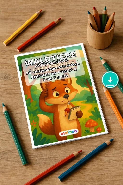 Waldtiere Aktivitätsbuch 20 Rätsel- und Aktivitätsseiten PDF Download – Mockup-Ansicht