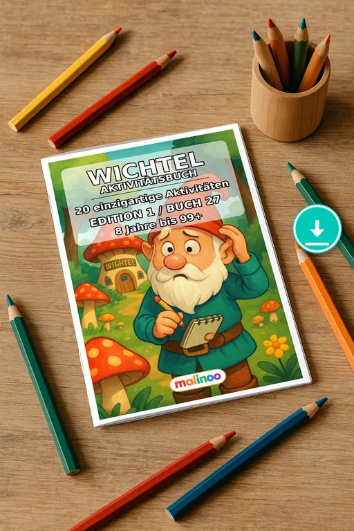 Wichtel Aktivitätsbuch 20 Rätsel- und Aktivitätsseiten PDF – Mockup-Ansicht