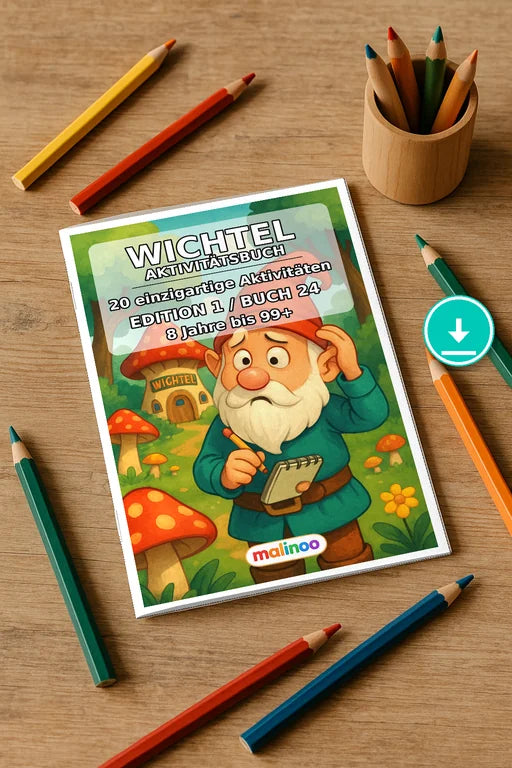 Wichtel Aktivitätsbuch 20 Rätsel- und Aktivitätsseiten PDF – Mockup-Ansicht