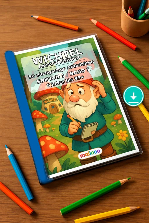 Wichtel Aktivitätsbuch 50 Rätsel- und Aktivitätsseiten PDF – Mockup-Ansicht